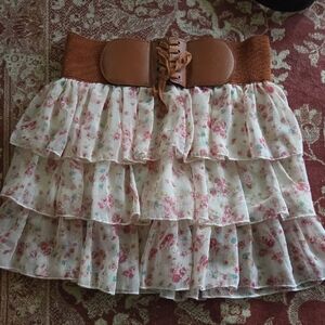 Floral Ruffle Skirt with Brown Waistband